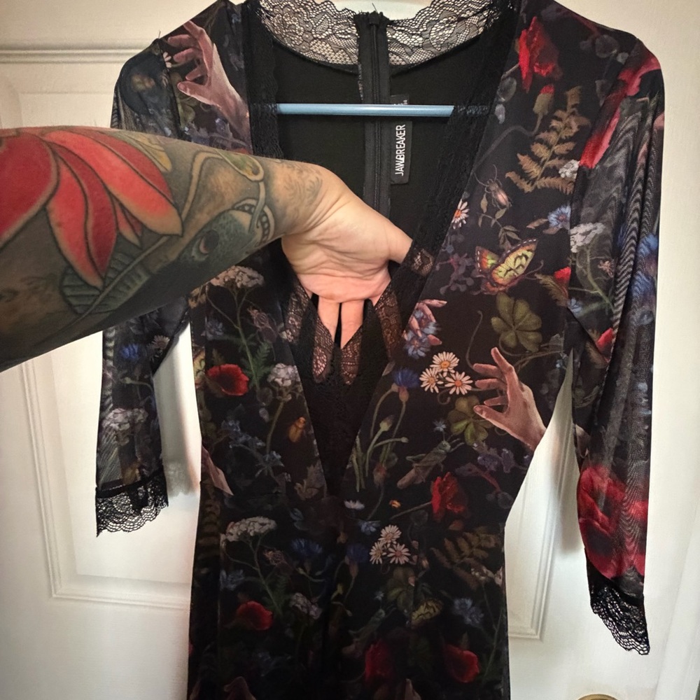 Jawbreaker Black Floral Lace Trim Plunge Dress